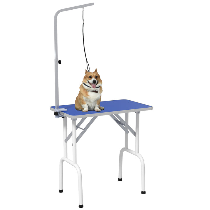 Mesa de Tosquia para Cães Dobrável com Braço Ajustável entre 60-104 cm e Bancada de Borracha Antiderrapante 81x48,5x80 cm Azul
