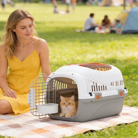 Transportadora para Gatos e Cães Pequenos Caixa de Transporte de Plástico Suporta até 4 kg com Claraboia Taça Porta de Aço Sistema de Fecho Triplo Base Elevada 49x32x31 cm Cinzento Claro