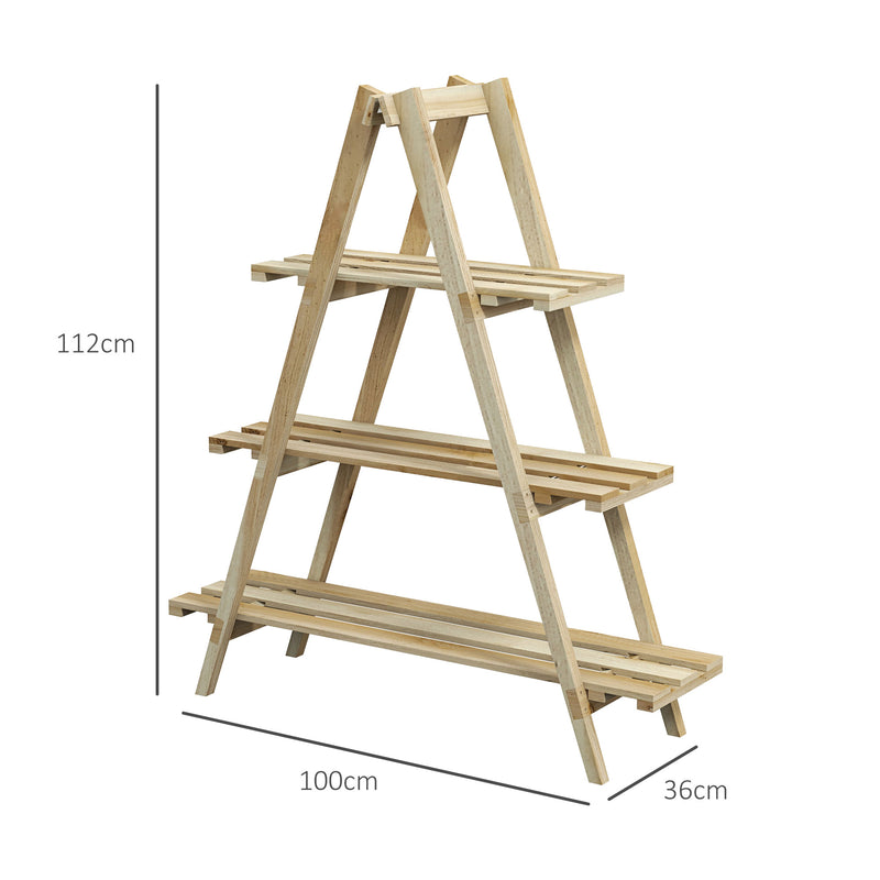 Suporte de Madeira para Plantas Dobrável Estante Decorativo para Vasos de 3 Níveis com Estrutura em Forma de A para Jardim Pátio Varanda 100x36x112 cm Natural