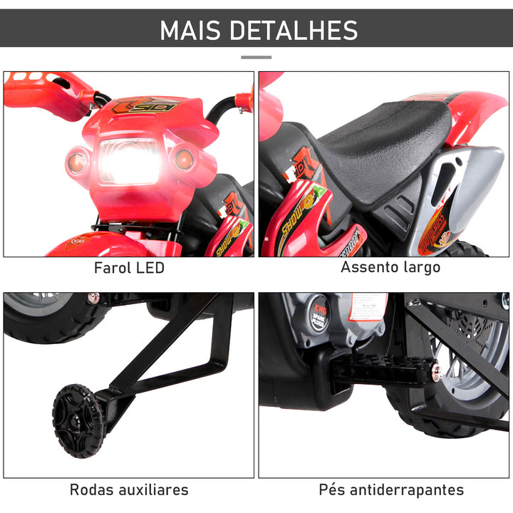Mota Elétrica para Crianças Mota Elétrica Infantil Bateria 6V para Crianças acima de 3 Anos com Rodas de Apoio 102x53x66 cm Vermelho e Preto