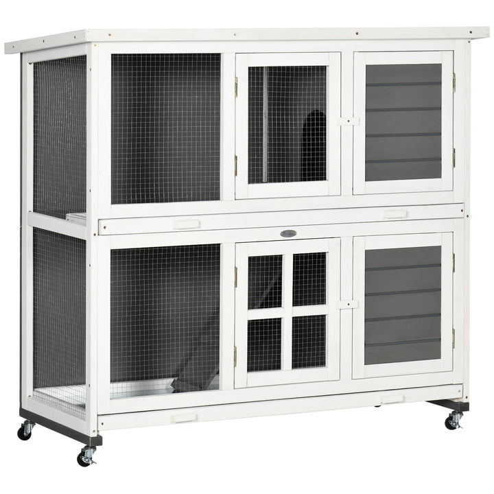 Coelheira de Madeira de 2 Níveis Gaiola para Coelhos com Rodas 2 Portas Teto Abatível e 2 Bandejas Amovíveis Coelheira para Interior e Exterior 119x50,5x109 cm Branco e Cinza