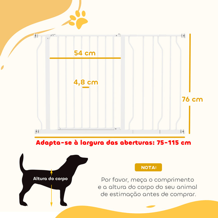 Barreira de Segurança para Cães Extensível para Escadas e Portas 75-115cm com 2 Extensões e 10-20cm Montagem a Pressão Aço Altura 76cm Branco