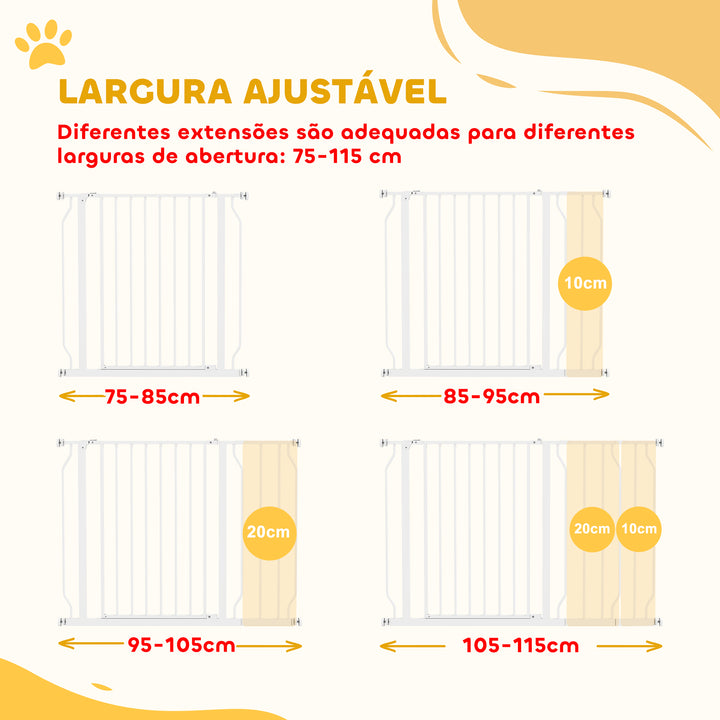 Barreira de Segurança para Cães Extensível para Escadas e Portas 75-115cm com 2 Extensões e 10-20cm Montagem a Pressão Aço Altura 76cm Branco