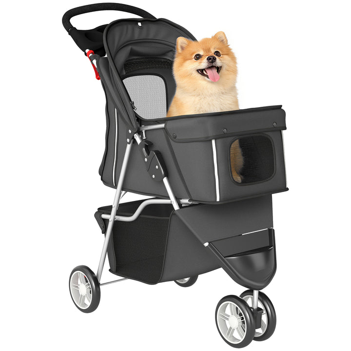 Carrinho para Cães Dobrável Carrinho para Cães Pequenos com Cesto de Arrumação Janelas em Rede Porta-Copos e Rodas Suporta 10 kg 77x44x102 cm Cinzento Escuro