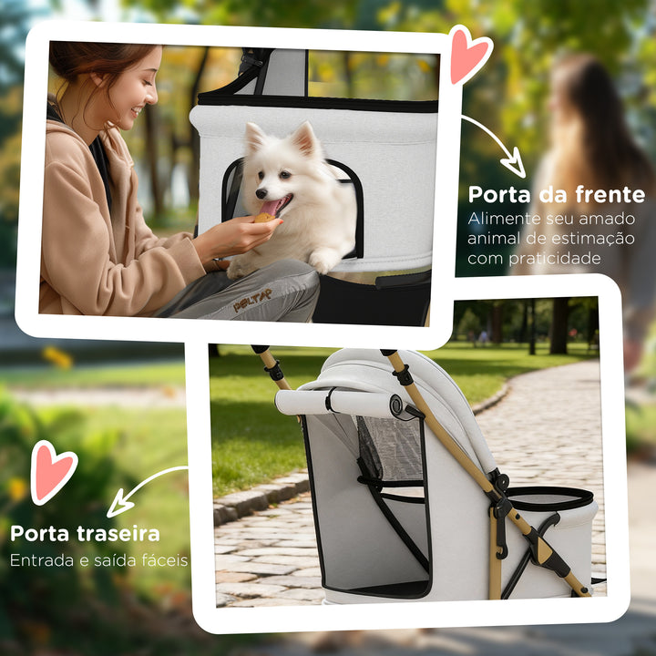 Carrinho para Cães Dobrável com Capota Ajustável Cesta de Armazenamento e Corda de Segurança para Animais de Estimação até 15 kg, 80x44,5x97 cm Cinzento Claro