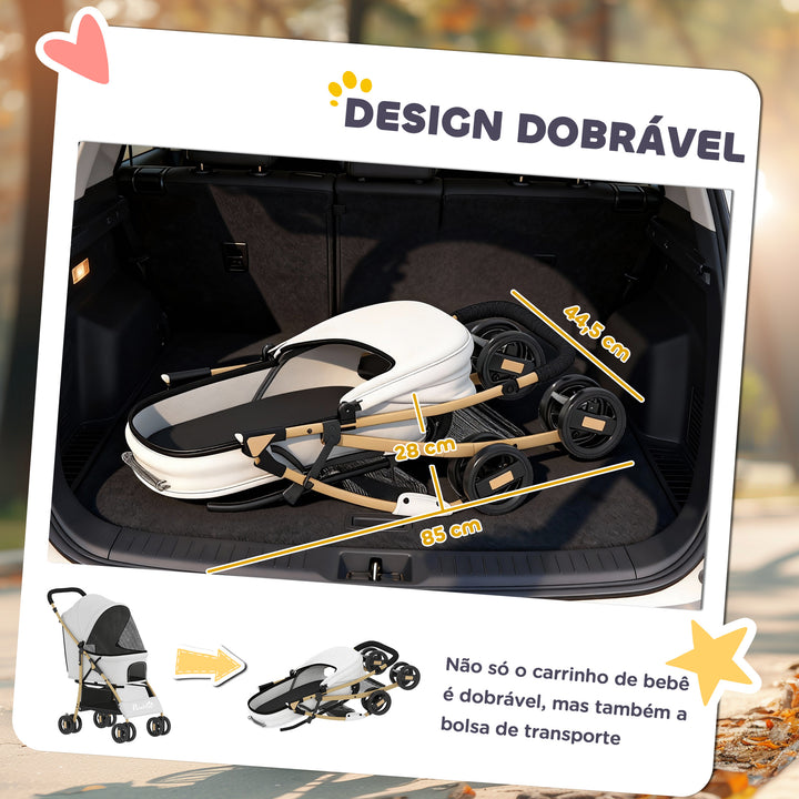 Carrinho para Cães Dobrável com Capota Ajustável Cesta de Armazenamento e Corda de Segurança para Animais de Estimação até 15 kg, 80x44,5x97 cm Cinzento Claro