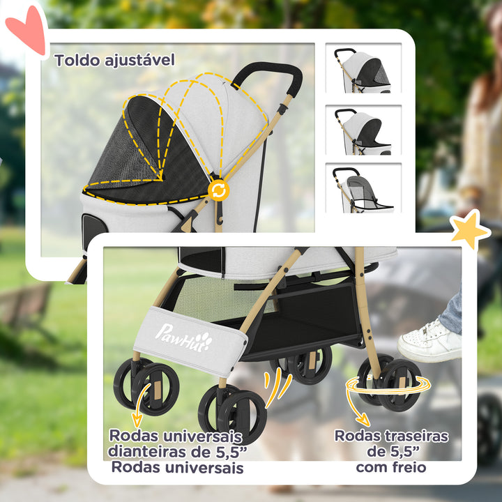 Carrinho para Cães Dobrável com Capota Ajustável Cesta de Armazenamento e Corda de Segurança para Animais de Estimação até 15 kg, 80x44,5x97 cm Cinzento Claro