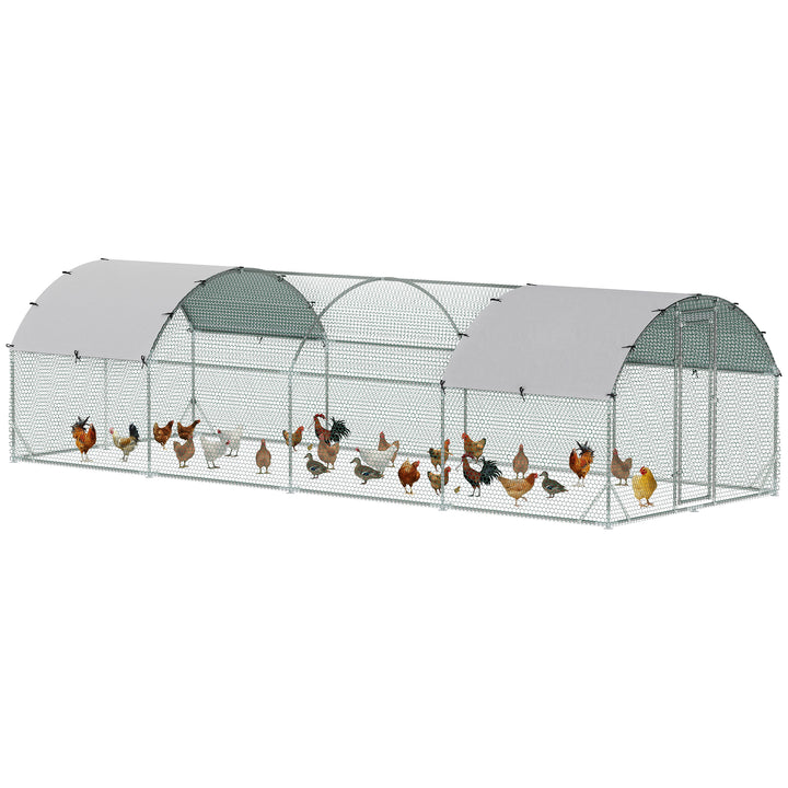 Galinheiro para Exterior Grande 2,8x7,60x1,97 m Galinheiro para 16-24 Galinhas de Aço Galvanizado com Teto de Tecido Oxford para Coelhos Aves Prata