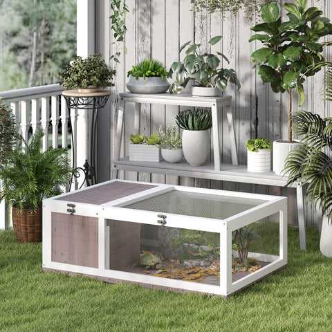 Casa para Tartarugas de Madeira Terrario para Reptéis com Teto de Malha Painéis Laterais Transparentes e Trava de Segurança 91x60,5x32 cm Castanho Acinzentado