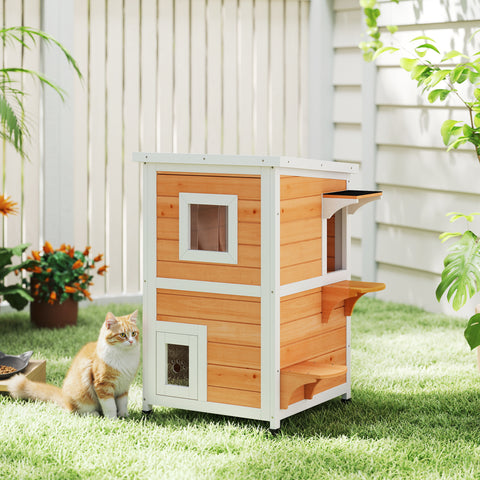Casa para Gatos Exterior em Madeira 2 Níveis com Telhado Basculante Painel Central Removível Janelas Portas para Terraço Varanda Jardim 51x51x81,3 cm Madeira
