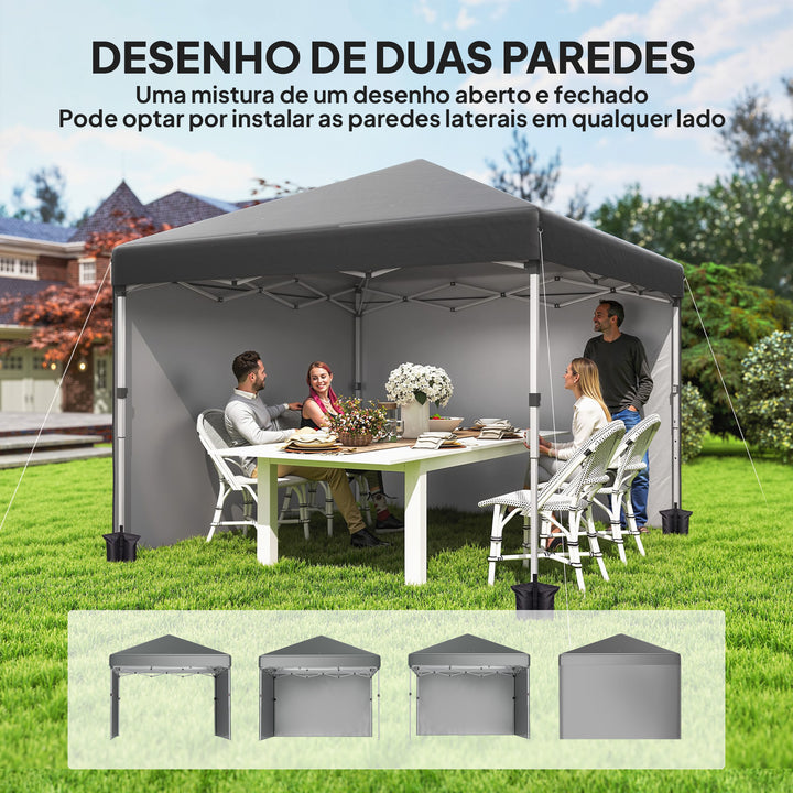 Tenda Dobrável Pop-up 297x297x288 cm Tenda para Eventos com 2 Paredes Laterais Anti-UV Altura Ajustável em 3 Níveis Sacos de Areia e Bolsa de Transporte com Rodas para Campismo Festas Cinzento Escuro