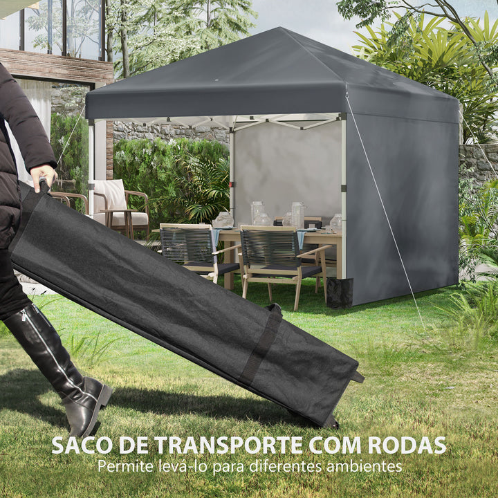 Tenda Dobrável Pop-up 297x297x288 cm Tenda para Eventos com 2 Paredes Laterais Anti-UV Altura Ajustável em 3 Níveis Sacos de Areia e Bolsa de Transporte com Rodas para Campismo Festas Cinzento Escuro