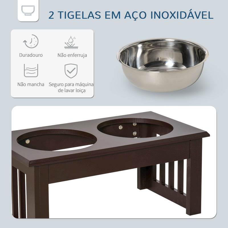 Comedouro Elevado para Cães com Suporte e 2 Tigelas Amovíveis de Aço Inoxidável Alimentador para Animais de Estimação 44x24x15 cm Marrom