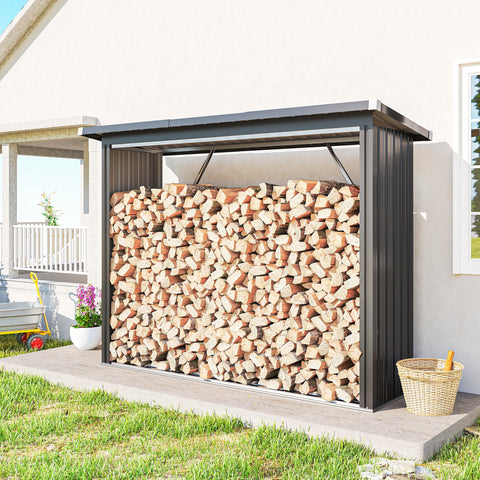 Abrigo para Lenha de Aço Galvanizado Abrigo para Lenha de Exterior Armazenamento de Troncos com Base Elevada e Teto Inclinado 213x66,5x150 cm Cinzento Escuro