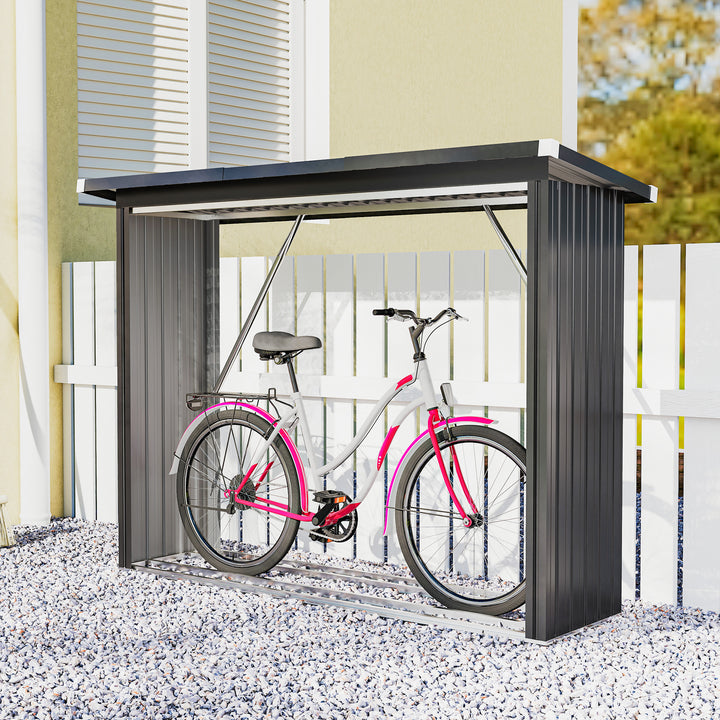 Abrigo para Lenha de Aço Galvanizado Abrigo para Lenha de Exterior Armazenamento de Troncos com Base Elevada e Teto Inclinado 213x66,5x150 cm Cinzento Escuro