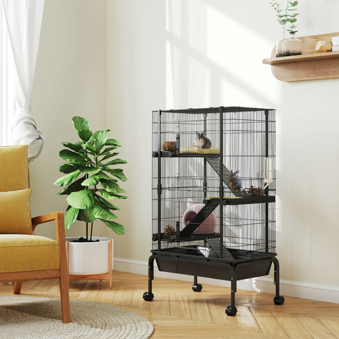 Gaiola para Animais Pequenos de 4 Níveis Gaiola para Roedores com Rodas Rampas Tigela Garrafa de Água e Bandeja Removível Recinto para Coelhos Chinchilas Furões 69x44x120 cm Preto