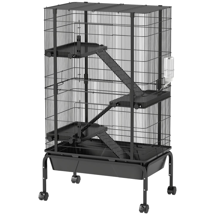 Gaiola para Animais Pequenos de 4 Níveis Gaiola para Roedores com Rodas Rampas Tigela Garrafa de Água e Bandeja Removível Recinto para Coelhos Chinchilas Furões 69x44x120 cm Preto
