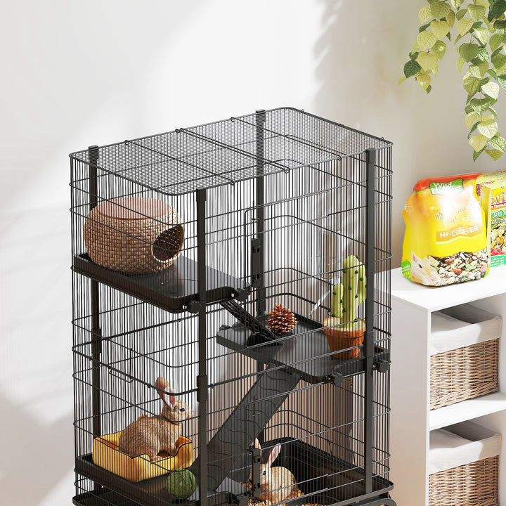 Gaiola para Animais Pequenos de 4 Níveis Gaiola para Roedores com Rodas Rampas Tigela Garrafa de Água e Bandeja Removível Recinto para Coelhos Chinchilas Furões 69x44x120 cm Preto