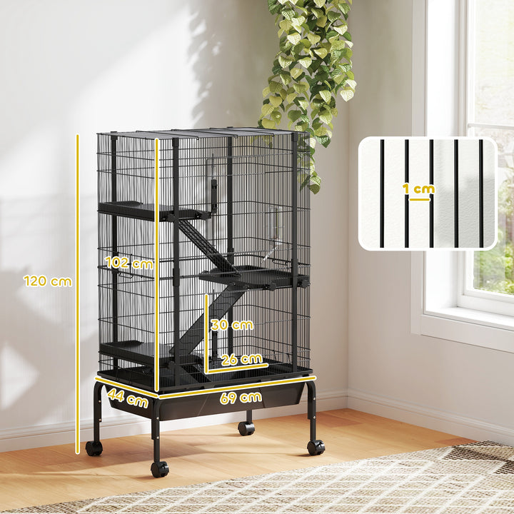 Gaiola para Animais Pequenos de 4 Níveis Gaiola para Roedores com Rodas Rampas Tigela Garrafa de Água e Bandeja Removível Recinto para Coelhos Chinchilas Furões 69x44x120 cm Preto
