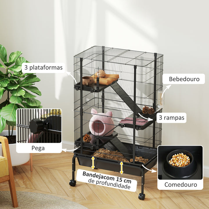 Gaiola para Animais Pequenos de 4 Níveis Gaiola para Roedores com Rodas Rampas Tigela Garrafa de Água e Bandeja Removível Recinto para Coelhos Chinchilas Furões 69x44x120 cm Preto