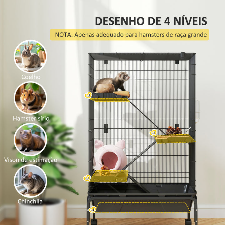 Gaiola para Animais Pequenos de 4 Níveis Gaiola para Roedores com Rodas Rampas Tigela Garrafa de Água e Bandeja Removível Recinto para Coelhos Chinchilas Furões 69x44x120 cm Preto