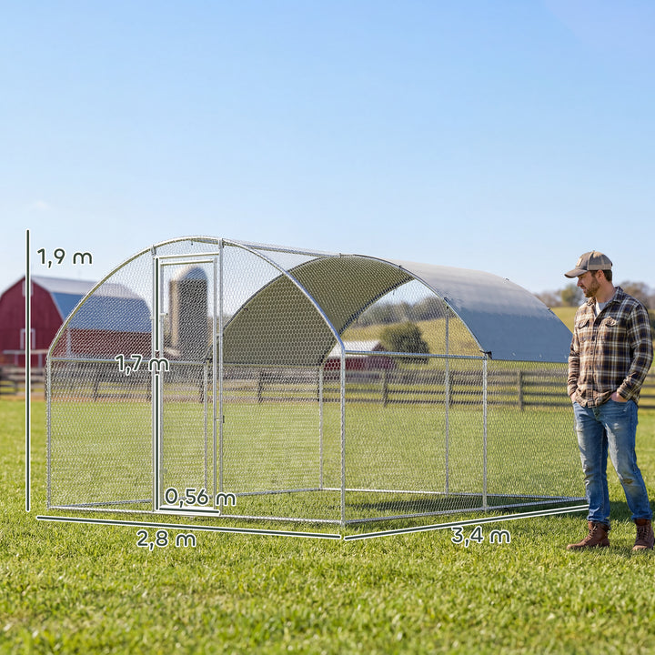 Galinheiro Exterior 2,8x3,4x1,9 m Galinheiro de Aço Galvanizado com Cobertura de Tecido Oxford Anti-UV e Impermeável, Porta e Fechos Gaiola para 10-16 Galinhas Prata