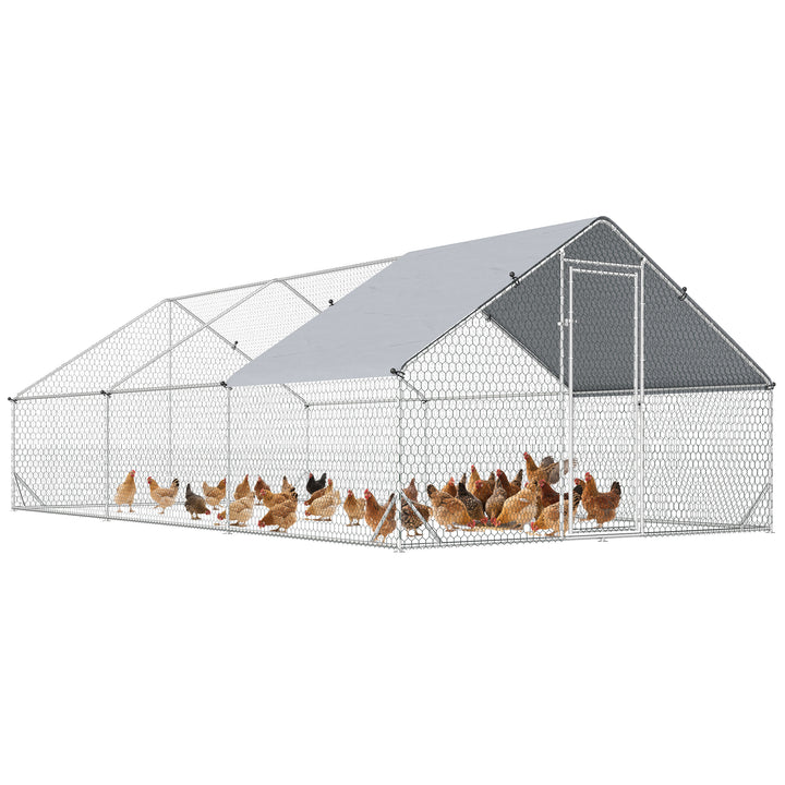 Galinheiro de Exterior Grande 3x6x2m Gaiola para 12-18 Galinhas de Aço Galvanizado com Teto de PE e Fechadura para Coelhos Prata