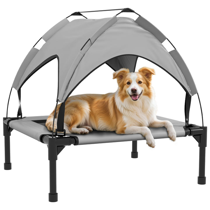 Cama para Cães Elevada com Toldo Cama para Cães Médios com Estrutura de Aço e Bolsa de Transporte para Interior e Exterior 76x61x69,5 cm Cinzento Claro