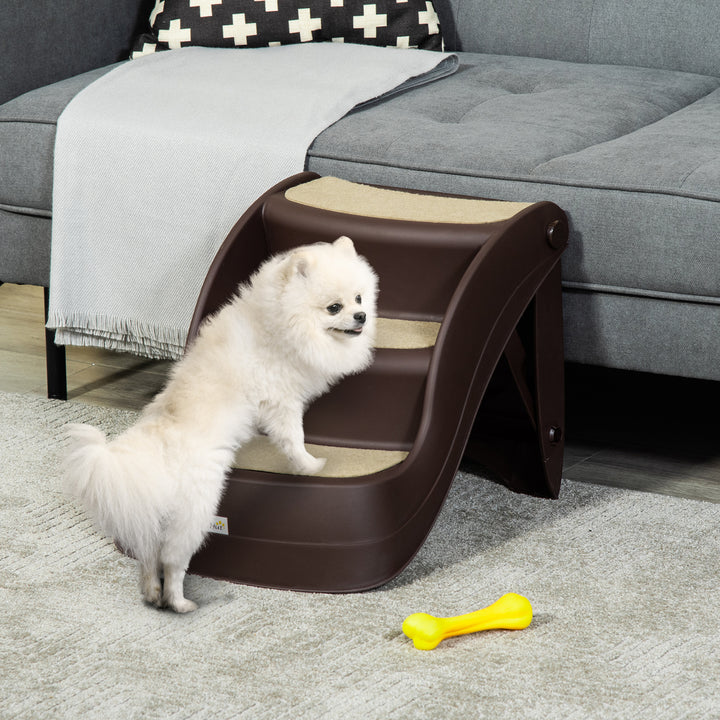 Escada para Cães de 3 Degraus Dobrável Escada de Plástico para Animais de Estimação com Tapetes Antiderrapantes para Cama Sofá Carga 15kg 49x38x38 cm Marrom