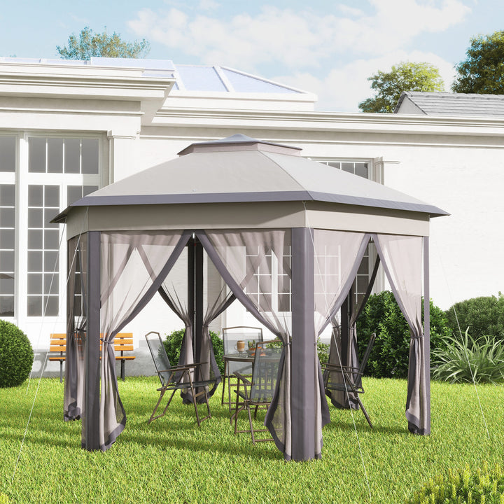 Tenda Dobrável 4x3,4 m Tenda de Jardim Hexagonal com Duplo Teto 6 Mosquiteiras Destacáveis e Saco de Transporte Impermeável Anti-UV para Exterior Festas Castanho e Bege