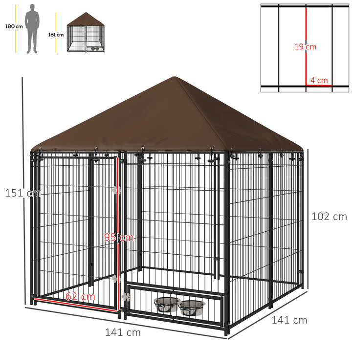 Parque para Cães com Toldo Canil para Exterior com Suporte Giratório para Comida 2 Tigelas Incluídas 141x141x151 cm Preto Marrom