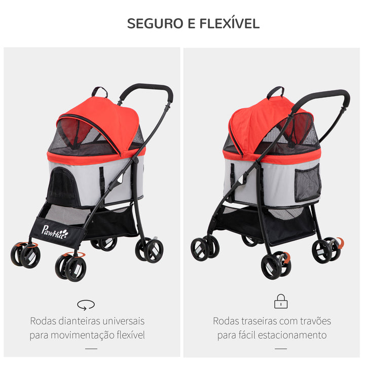 Carrinho para Animais de Estimação 3 em 1 Carrinho para Cães e Gatos Dobrável com Bolsa de Transporte Cesta de Armazenamento e Travão Tecido de Oxford 600D Carga Máxima 15kg 82x49,5x98cm Vermelho
