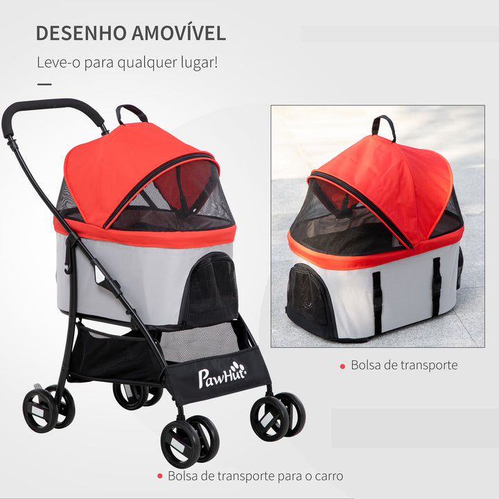 Carrinho para Animais de Estimação 3 em 1 Carrinho para Cães e Gatos Dobrável com Bolsa de Transporte Cesta de Armazenamento e Travão Tecido de Oxford 600D Carga Máxima 15kg 82x49,5x98cm Vermelho