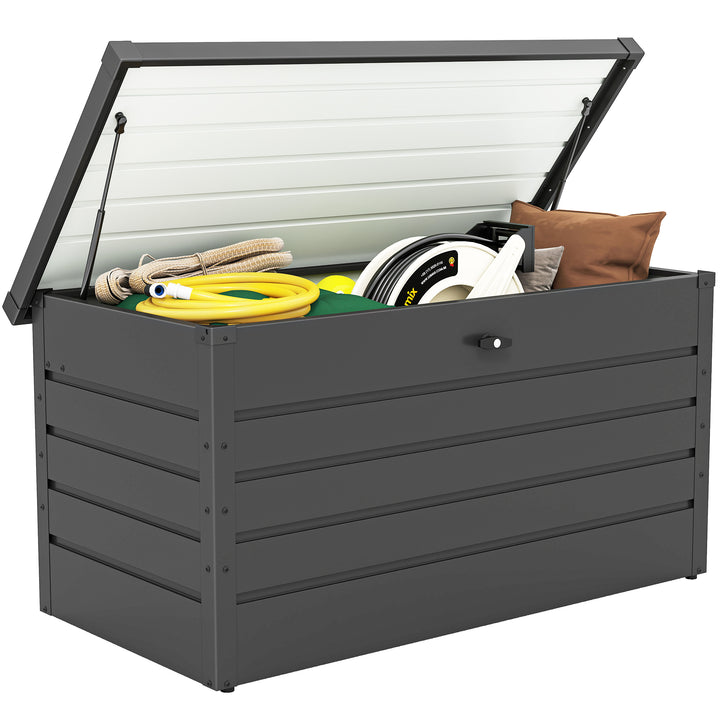 Baú de Arrumação Exterior Capacidade 311L Baú de Arrumação de Aço com Fechadura Chave Pistões Pneumáticos para Jardim Varanda Pátio 120x62x62 cm Cinza Escuro