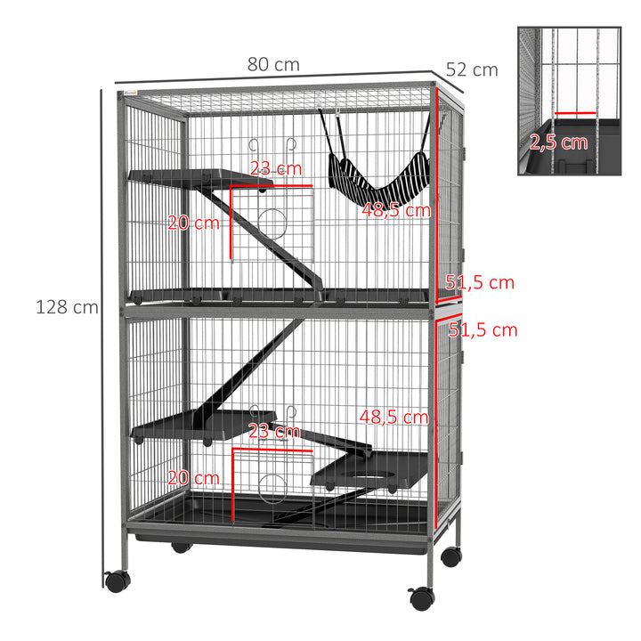 Gaiola para Roedores 80x52x128 cm Casa de 4 Alturas com Rampas Suspensa Rede Bandeja Removível Rodas Portas Cinza Prateado