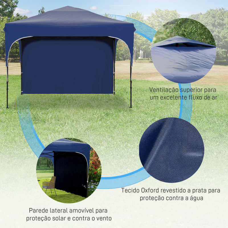 Tenda Dobrável 3x3m com Altura Ajustável Tenda de Jardim com 1 Parede Lateral Teto com Ventilação 4 Sacos de Areia e Bolsa de Transporte para Campismo Festas Azul