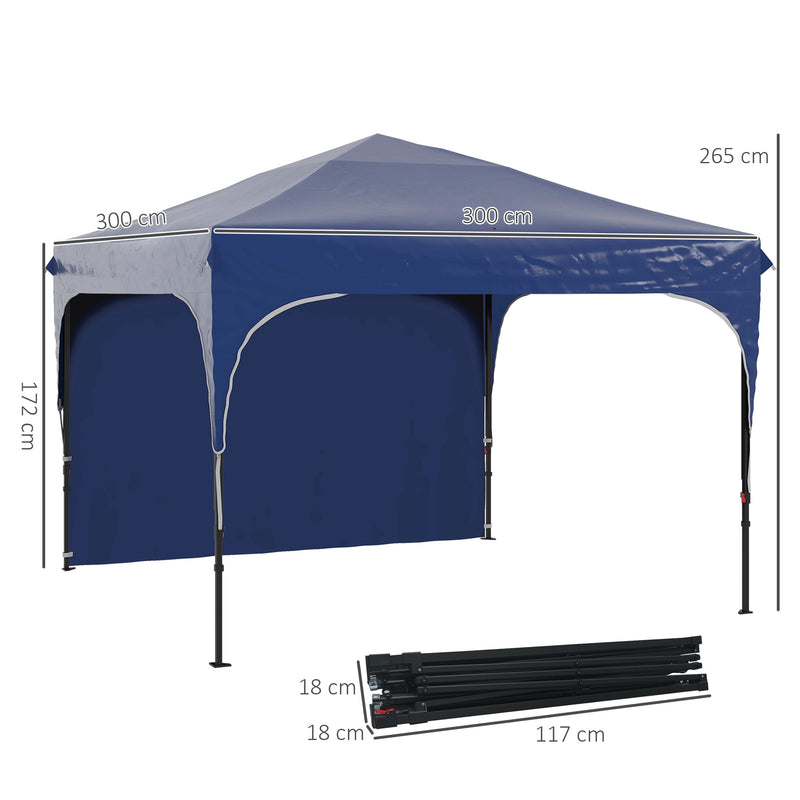 Tenda Dobrável 3x3m com Altura Ajustável Tenda de Jardim com 1 Parede Lateral Teto com Ventilação 4 Sacos de Areia e Bolsa de Transporte para Campismo Festas Azul