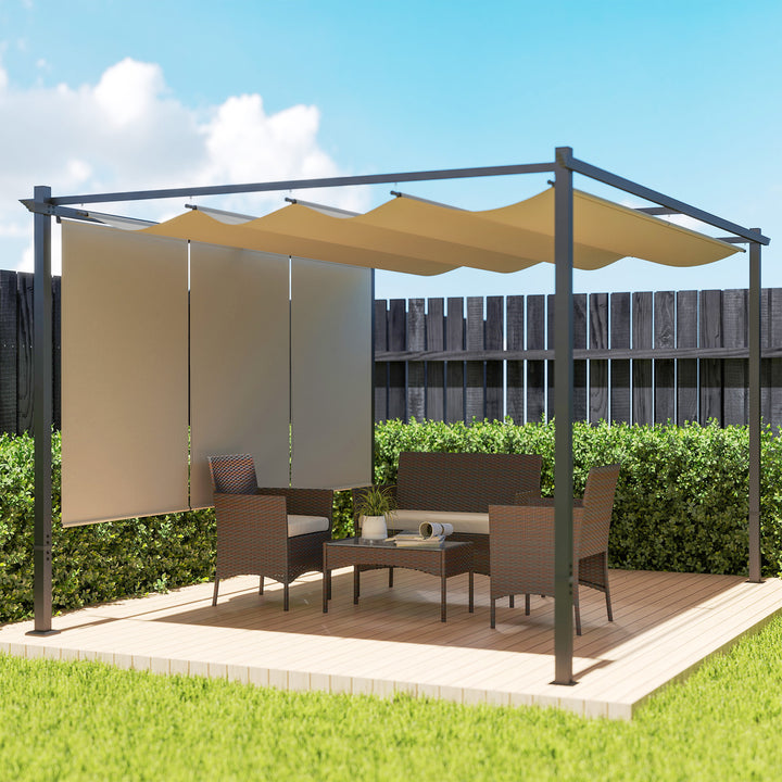Pérgola com Teto Retrátil Pérgola de 390x293x220 cm Pérgola de Parede ou Independente com Lados Enroláveis Proteção UV30+ Pérgola para Jardim Patio Exterior Bege