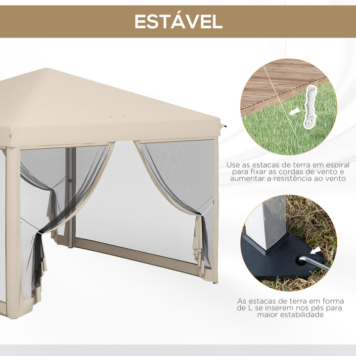 Tenda Dobrável 3x3 para Exterior Tenda Portátil de Jardim com Mosquiteiras Bolsa de Transporte Estrutura de Aço e Tecido Oxford Resistente para Festas Campismo Bege