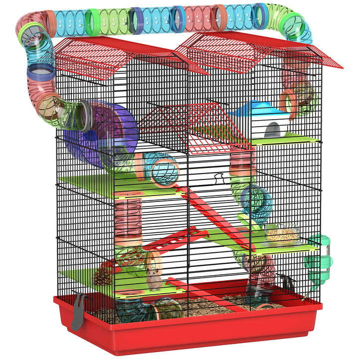 Gaiola para Hamster de 5 Níveis 47x30x59 cm Casa para Animais Pequenos com Túneis Tigela Bebedouro Casinha Roda de Exercício Rampas para Hamsters e Gerbos Vermelho