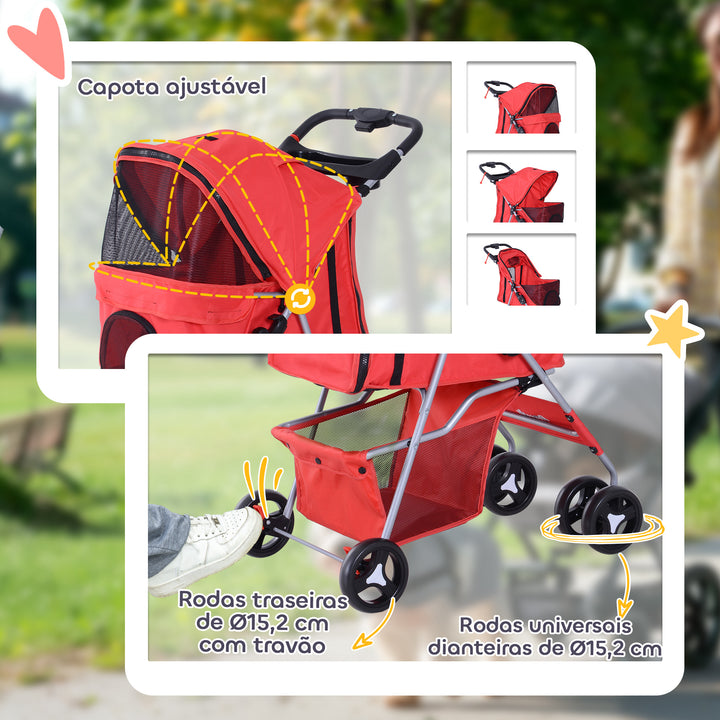 Carrinho dobrável para animais de estimação 84x48x95cm Rodas para carrinho de gato para cão Girar 360º com freio