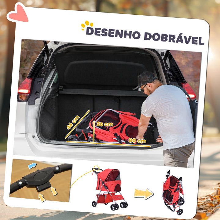 Carrinho dobrável para animais de estimação 84x48x95cm Rodas para carrinho de gato para cão Girar 360º com freio