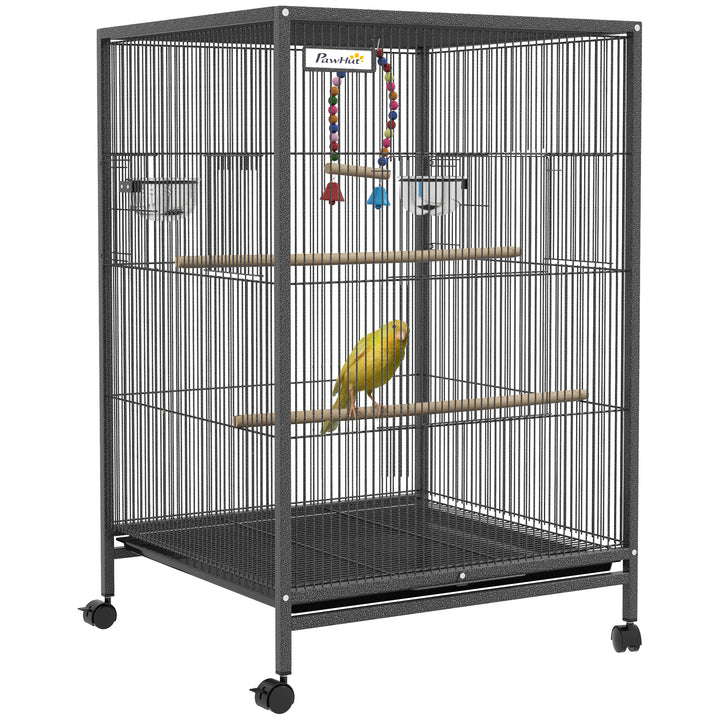 Gaiola para Pássaros com Rodas Gaiola para Aves com Comedouro Poleiro Baloiço Prateleira e Bandeja Amovível Gaiola Grande para Canários Periquitos 48x46x74 cm Cinzento