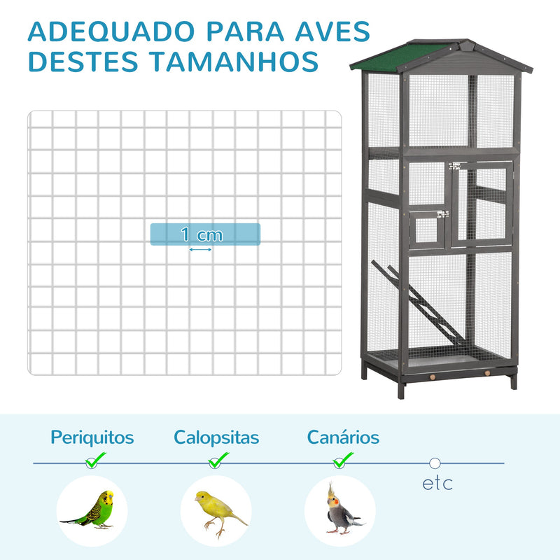 Gaiola para Pássaros Grande 68x63x165 cm Gaiola de Madeira de Abeto com 2 Portas Bandeja Amovível e Teto Asfáltico Cinza