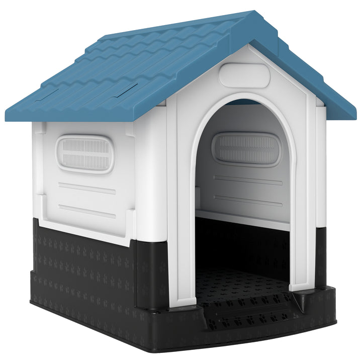 Casota para Cães Mini de Exterior Casa de Plástico com 3 Janelas Base Elevada Telhado Imitando Telhas 64,5x57x66 cm Azul