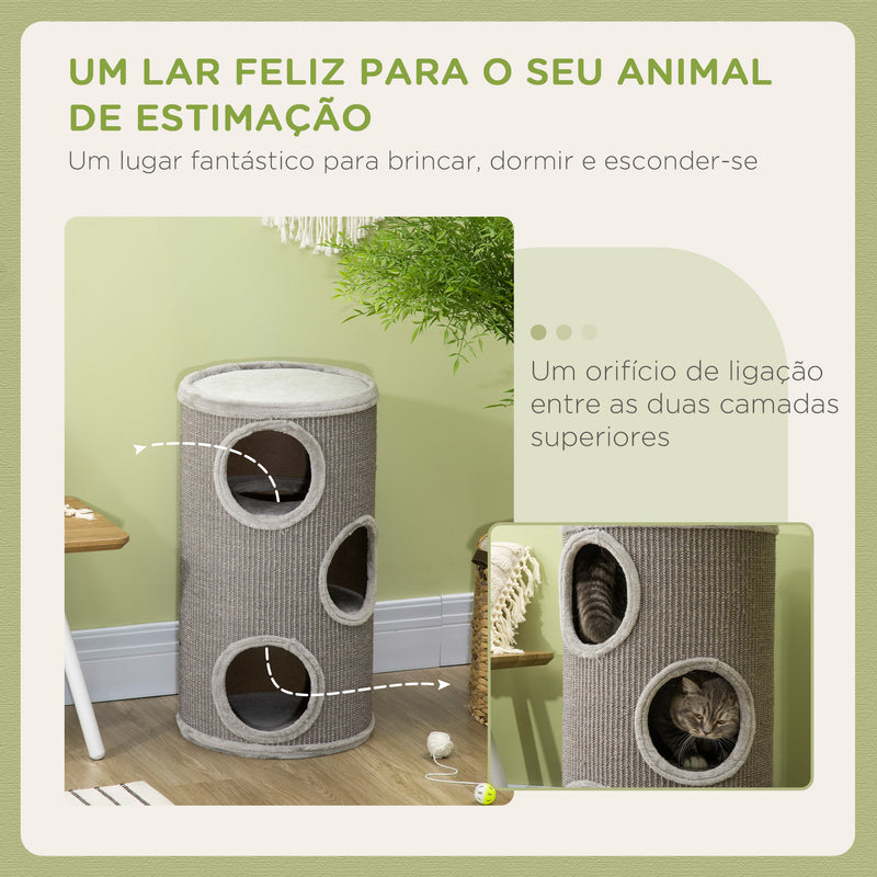 Barril para Arranhar Gatos de 3 níveis Torre para Arranhar Gatos com 3 Entradas e Tampa em Sisal Ø38x70 cm Cinzento Claro