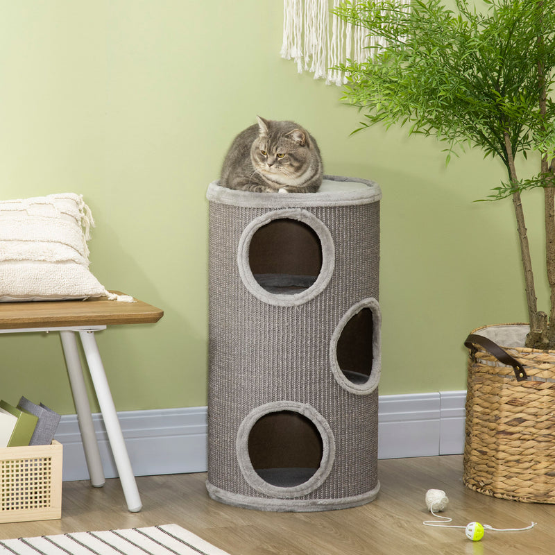 Barril para Arranhar Gatos de 3 níveis Torre para Arranhar Gatos com 3 Entradas e Tampa em Sisal Ø38x70 cm Cinzento Claro