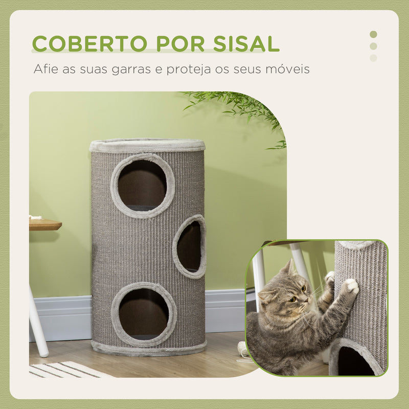 Barril para Arranhar Gatos de 3 níveis Torre para Arranhar Gatos com 3 Entradas e Tampa em Sisal Ø38x70 cm Cinzento Claro