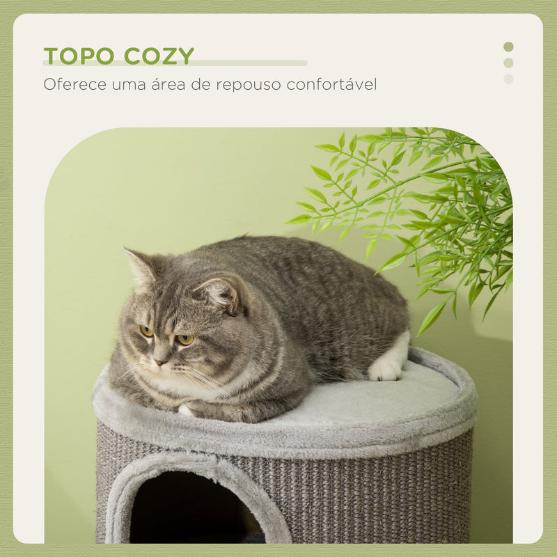 Barril para Arranhar Gatos de 3 níveis Torre para Arranhar Gatos com 3 Entradas e Tampa em Sisal Ø38x70 cm Cinzento Claro