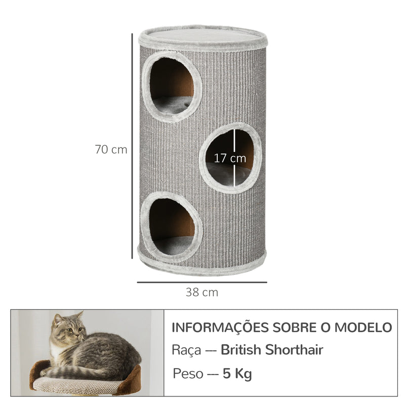 Barril para Arranhar Gatos de 3 níveis Torre para Arranhar Gatos com 3 Entradas e Tampa em Sisal Ø38x70 cm Cinzento Claro